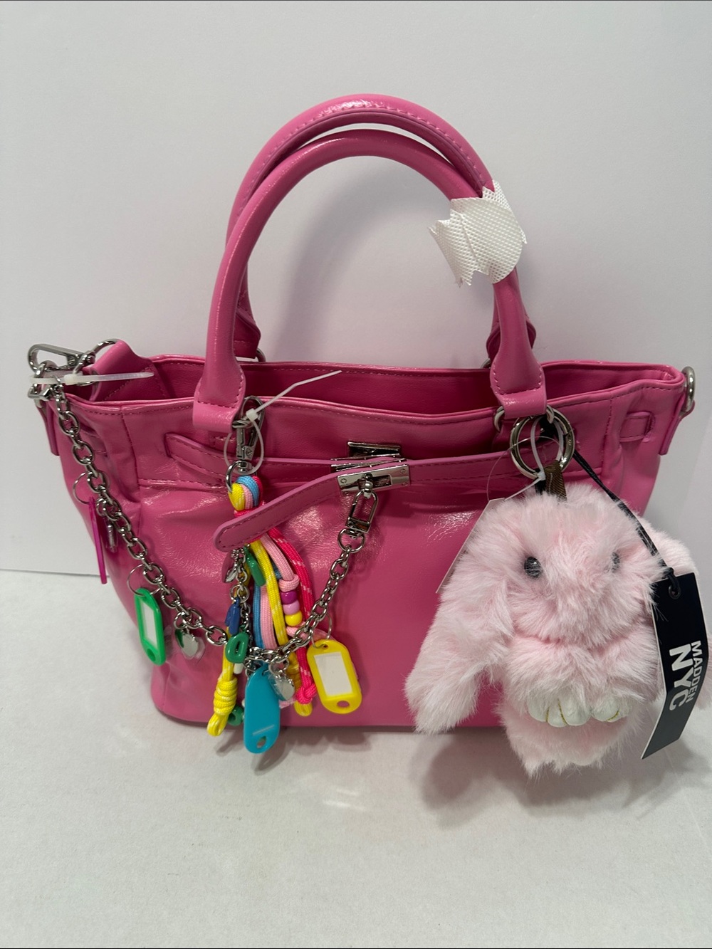 Hot Pink Patent Satchel with Fluffy Bunny Charm
